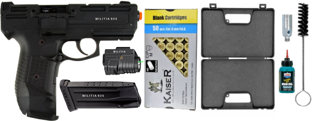 Militia 925 Full Auto 9mm Blank Front Firing Machine Non-Gun Prop Black Uzi Package Contents