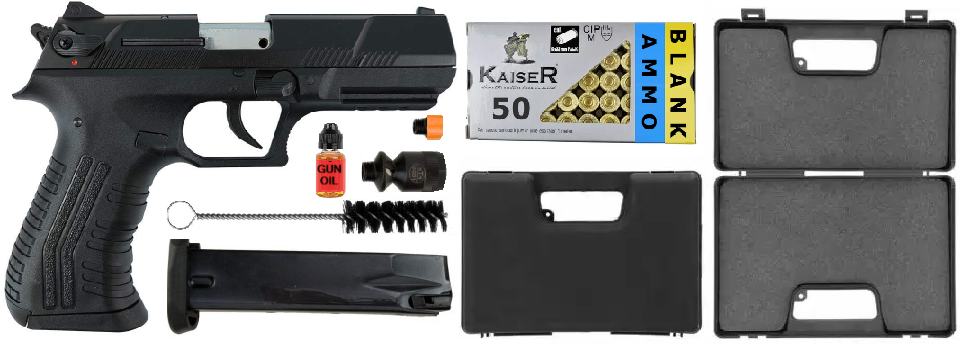 Militia Model 211 Semi-Auto 9mm Blank Non-Gun Prop Pistol (Black) Package Contents