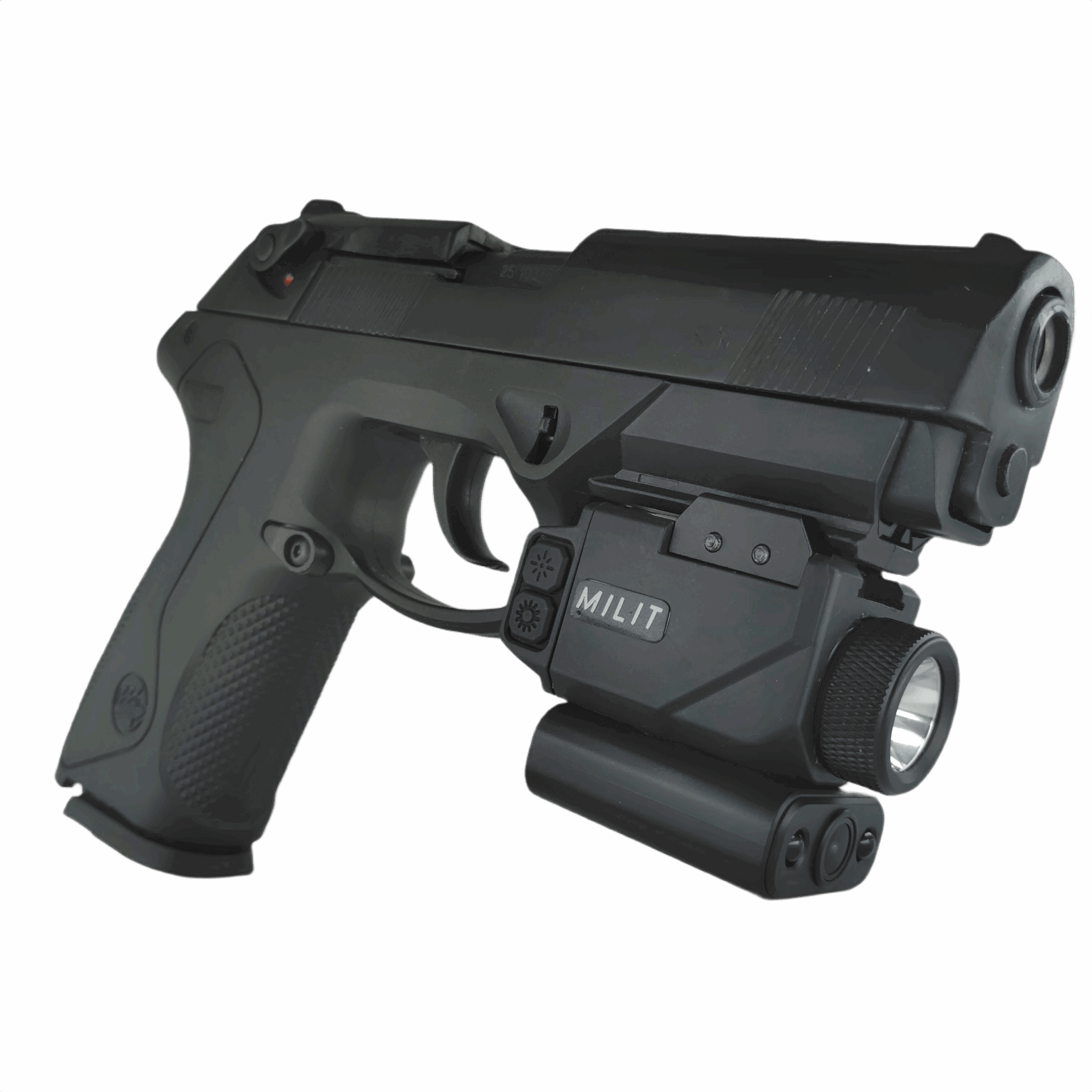 Milit RailView™ mounted on pistol Picatinny rail displaying camera, flashlight, and red laser system Milit RailView™ mounted on pistol Picatinny rail displaying camera, flashlight, and red laser system