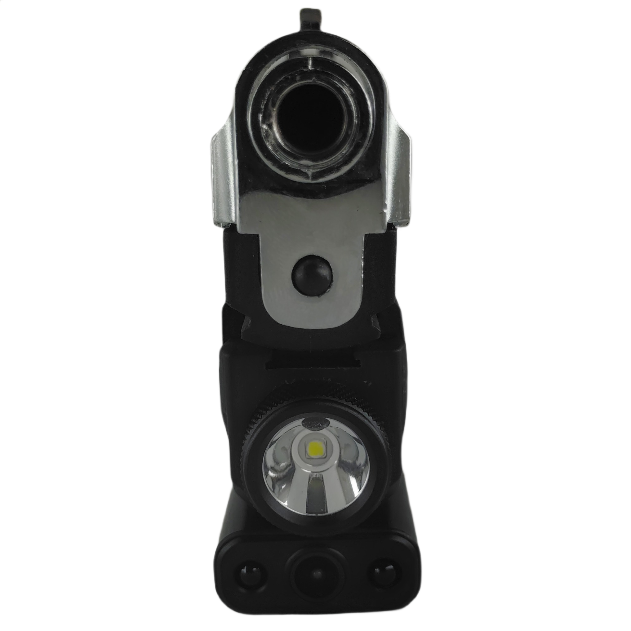 Close-up of Milit RailView™ tactical flashlight with 800-lumen LED reflector Close-up of Milit RailView™ tactical flashlight with 800-lumen LED reflector