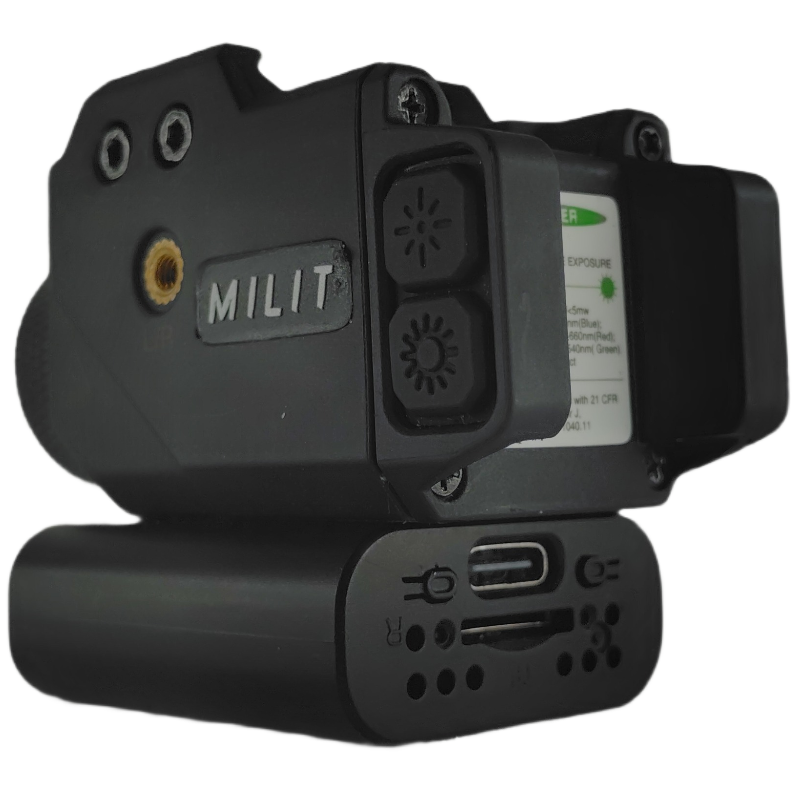 Milit RailView Picatinny-mounted camera light combo – rear angled view showing control buttons Milit RailView Picatinny-mounted camera light combo – rear angled view showing control buttons