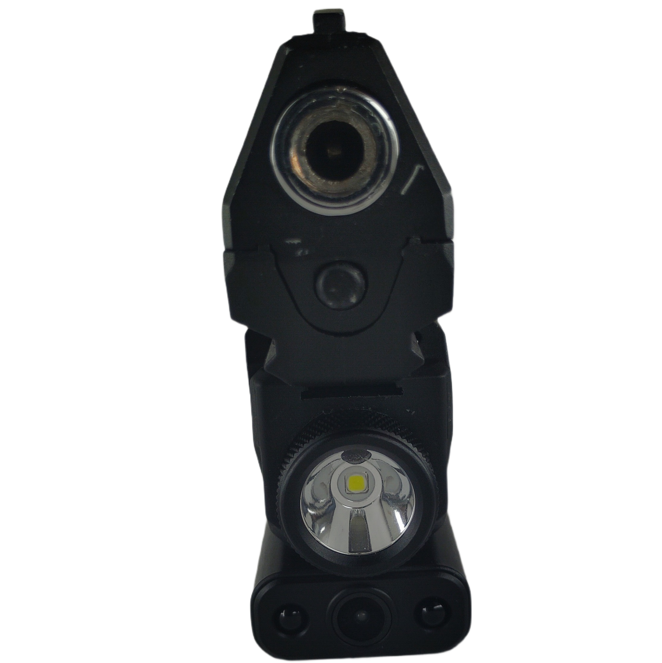Direct front alignment of RailView™ showing camera lens above tactical flashlight for HD recording Direct front alignment of RailView™ showing camera lens above tactical flashlight for HD recording