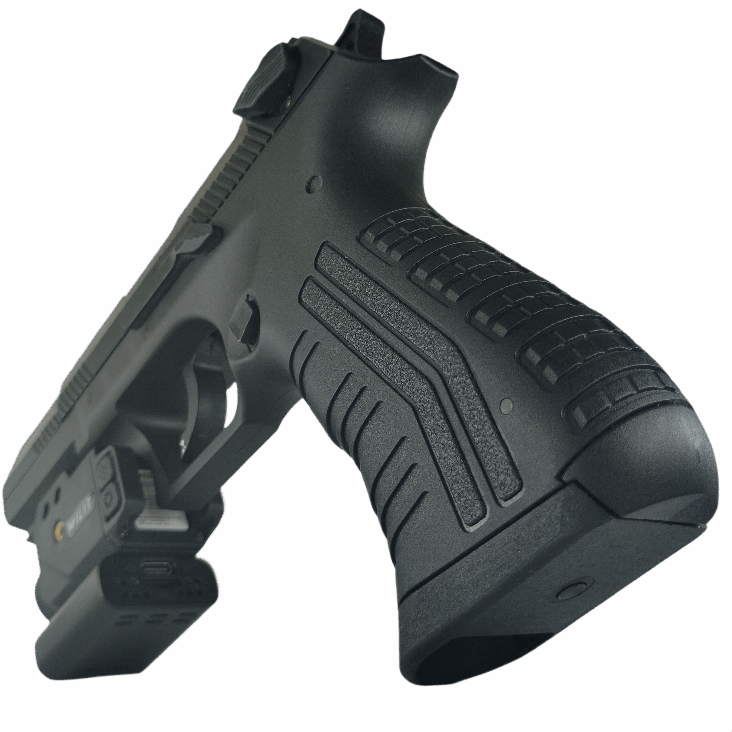 Close-up of RailView flashlight reflector and red laser housing for low-light target identification Close-up of RailView flashlight reflector and red laser housing for low-light target identification