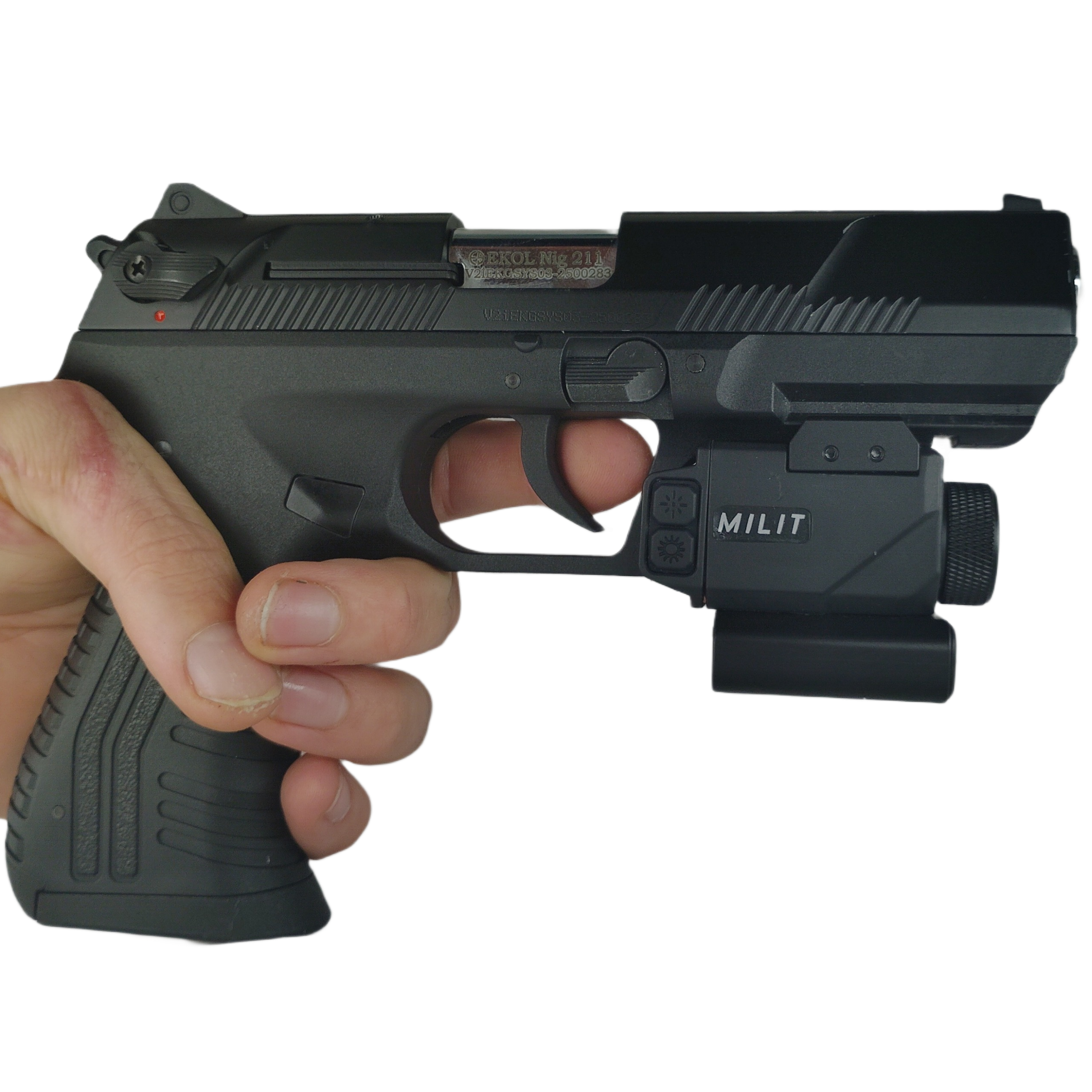 Right-side profile of Milit RailView™ rail-mounted camera light laser combo on handgun Right-side profile of Milit RailView™ rail-mounted camera light laser combo on handgun