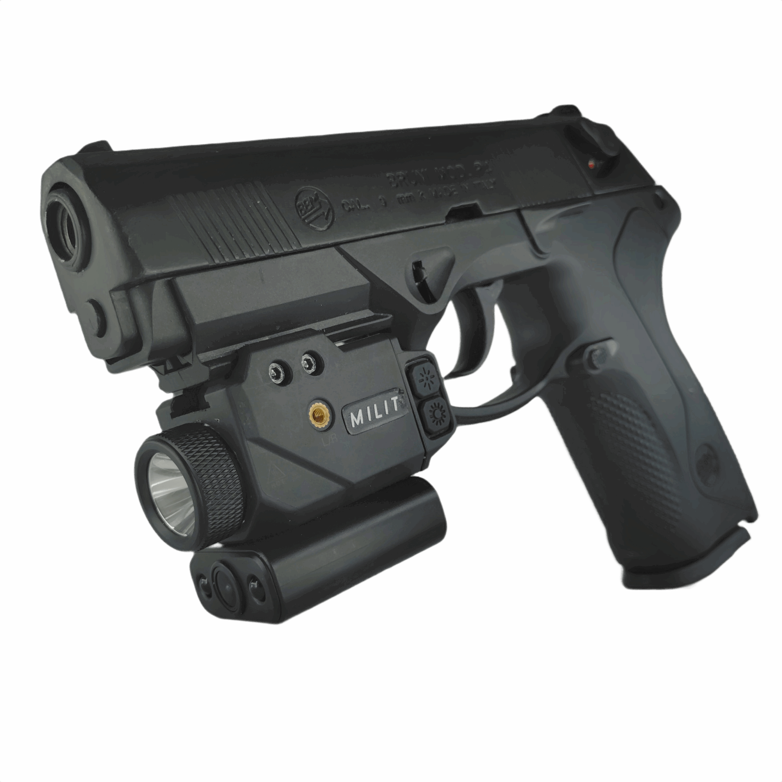 Milit RailView installed on pistol with tactical flashlight and camera active Milit RailView installed on pistol with tactical flashlight and camera active